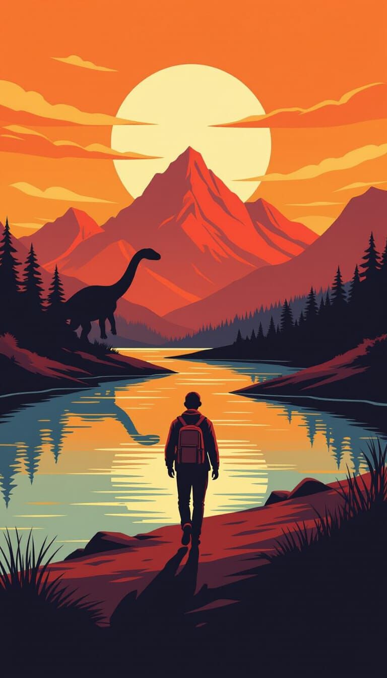 Serene Riverwalk with Distant Dinosaur Silhouette