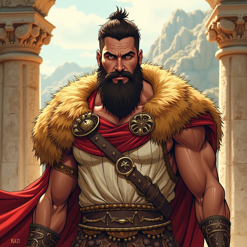 Greek Warrior in Lion Pelt Cape: Comic Book Art