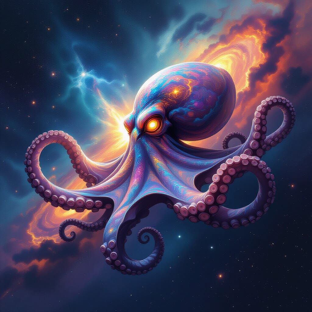 Cosmic Octopus Drifting Through Galaxies in Vintage Sci-Fi S...