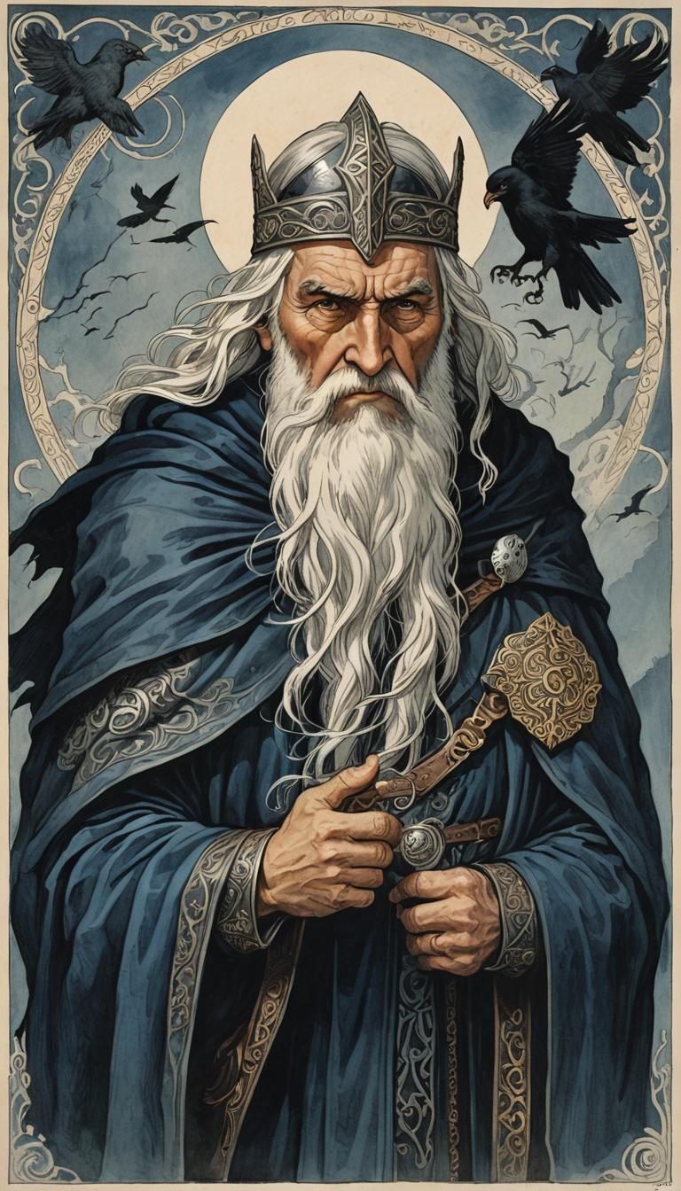 Odin with Ravens and Wolves in Digital Art