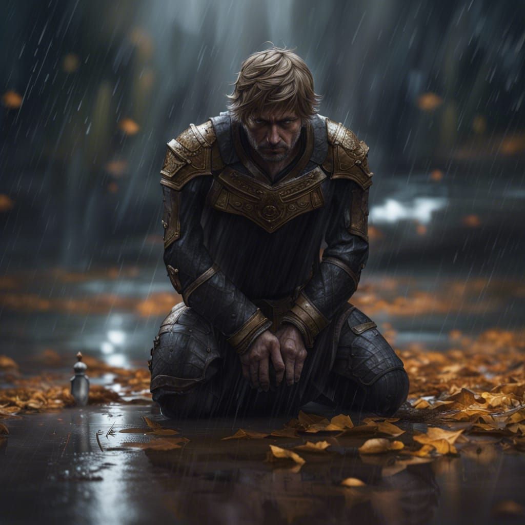 Downcast Hero Kneeling in Rain: Artstation Trend