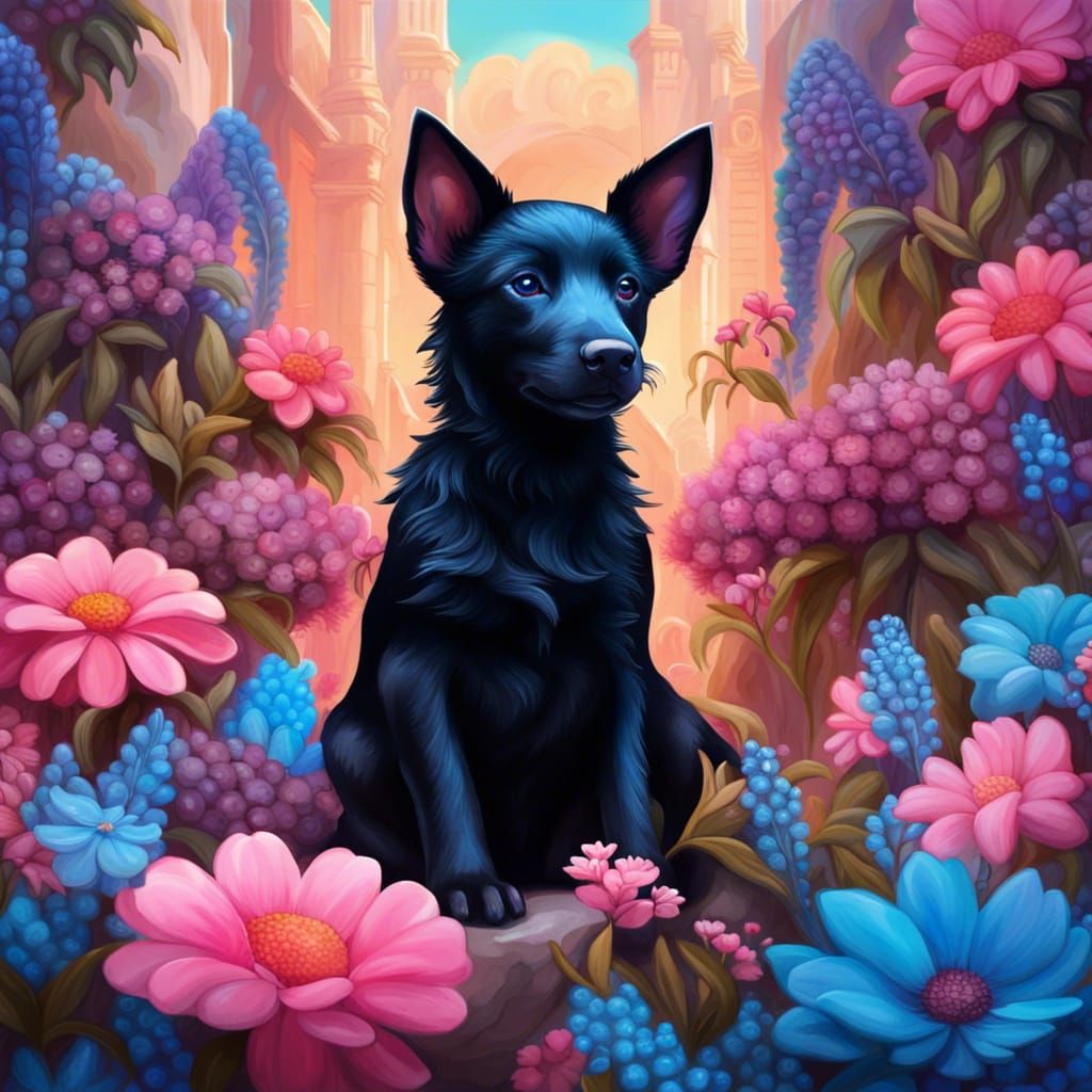 Adorable Kelpie Puppy in a Fantastical Flower Garden