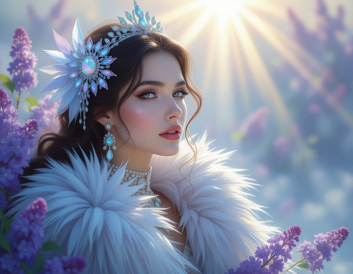 Woman with Fur Cat, Opal, and Tiffany Hues in Razumov Style