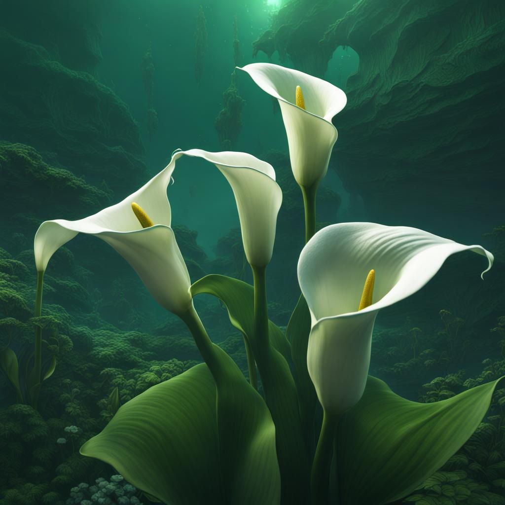 Calla Lilies in Green Ocean: Detailed Fantasy Art