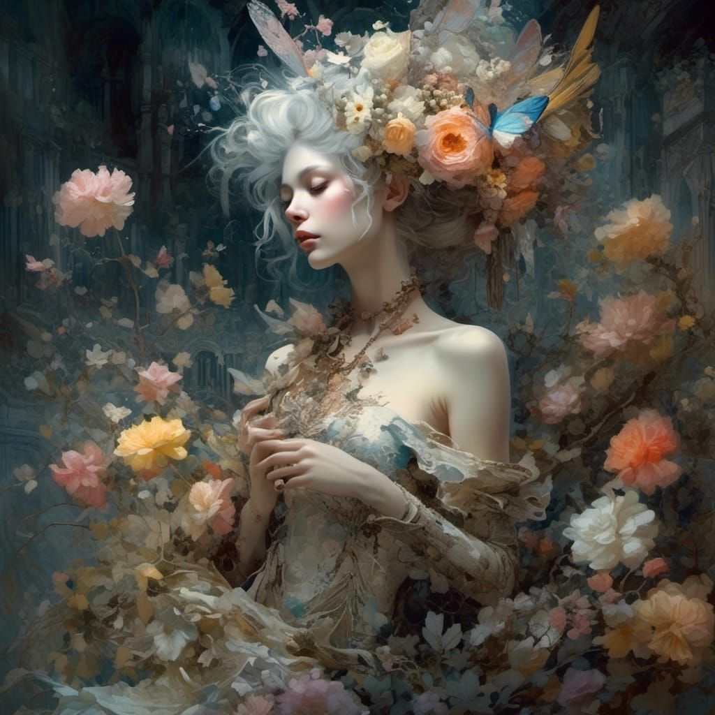 Flowerpunk Fairy Portrait in Rococo Mondrian Style
