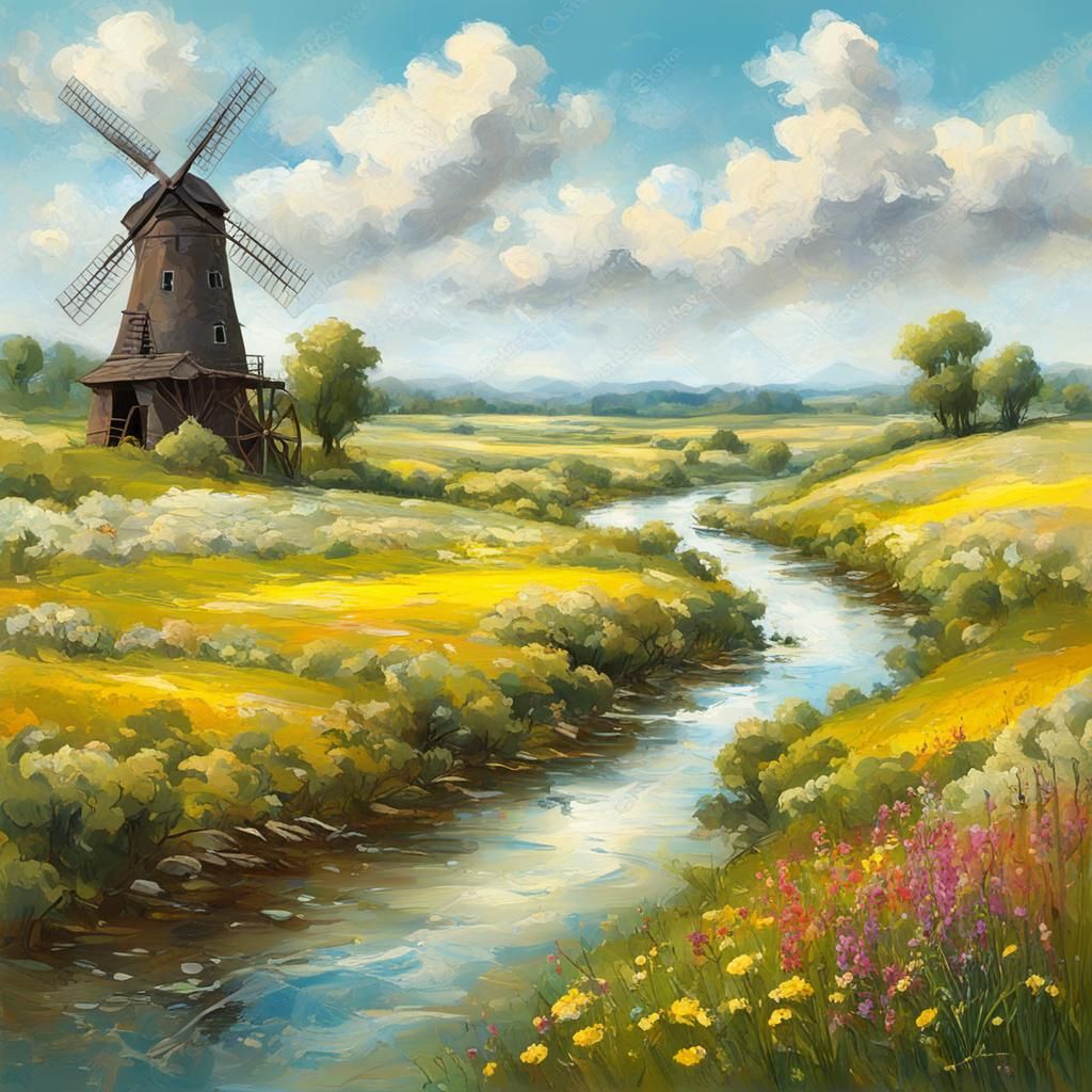 River Valley Windmill in Impressionist Style