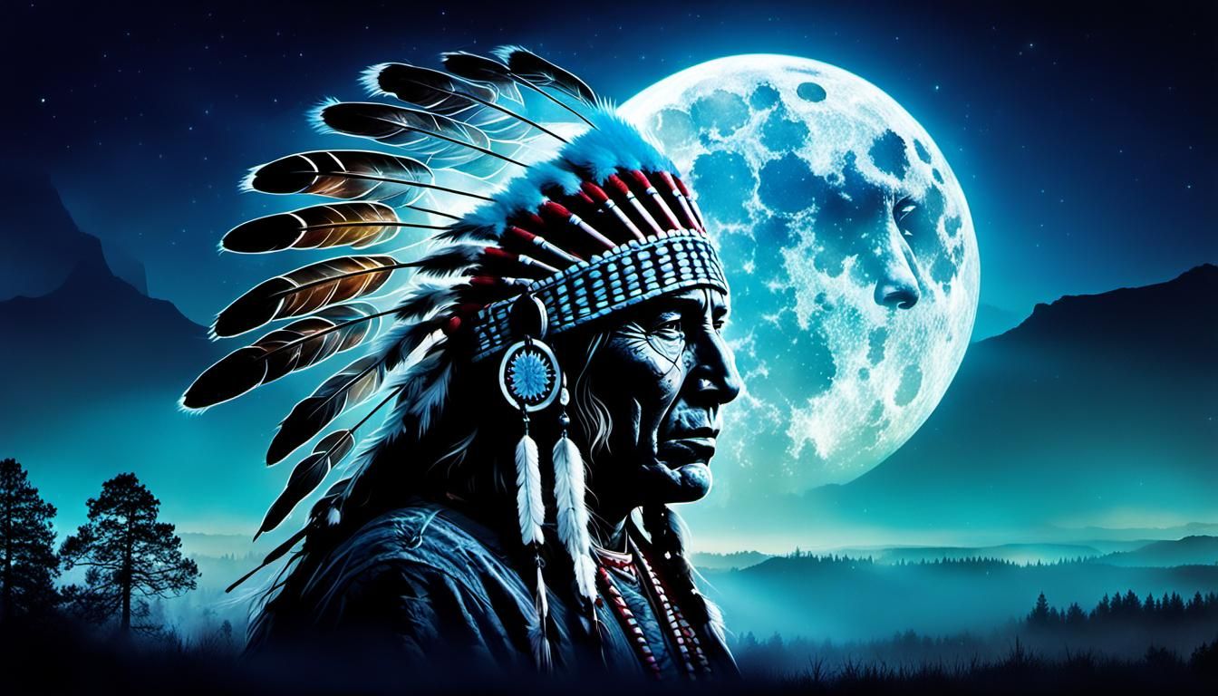 Native American Silhouette with Moonlit Landscape