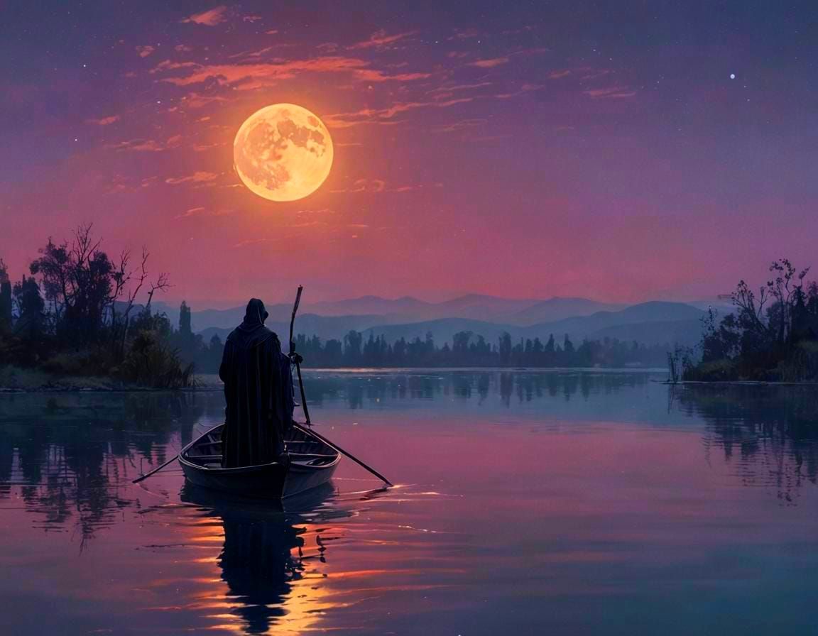 Grim Reaper on Still Lake in Pastel Watercolor