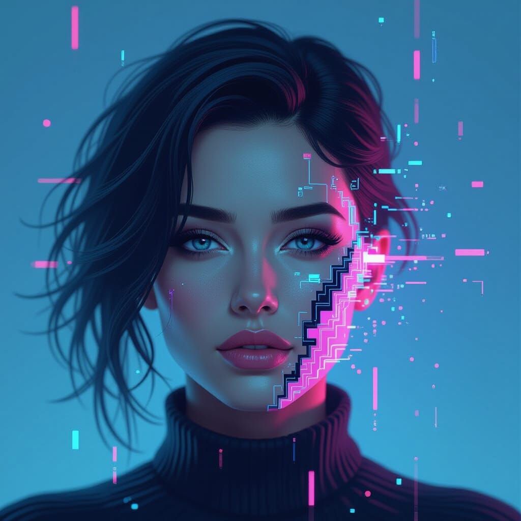 Cyberpunk Pixel Portrait of Serene Digital Transcendence