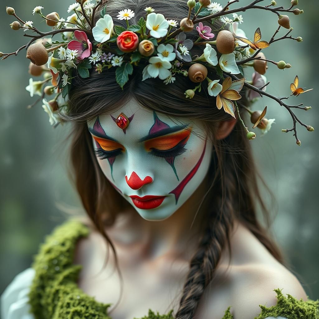 Moss-Wrapped Woman with Clown Makeup and Flower Crown