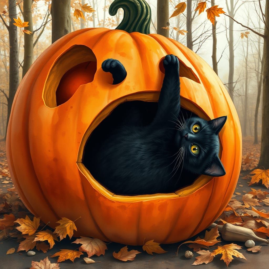 Whimsical Halloween Scene with Cat in Pumpkin