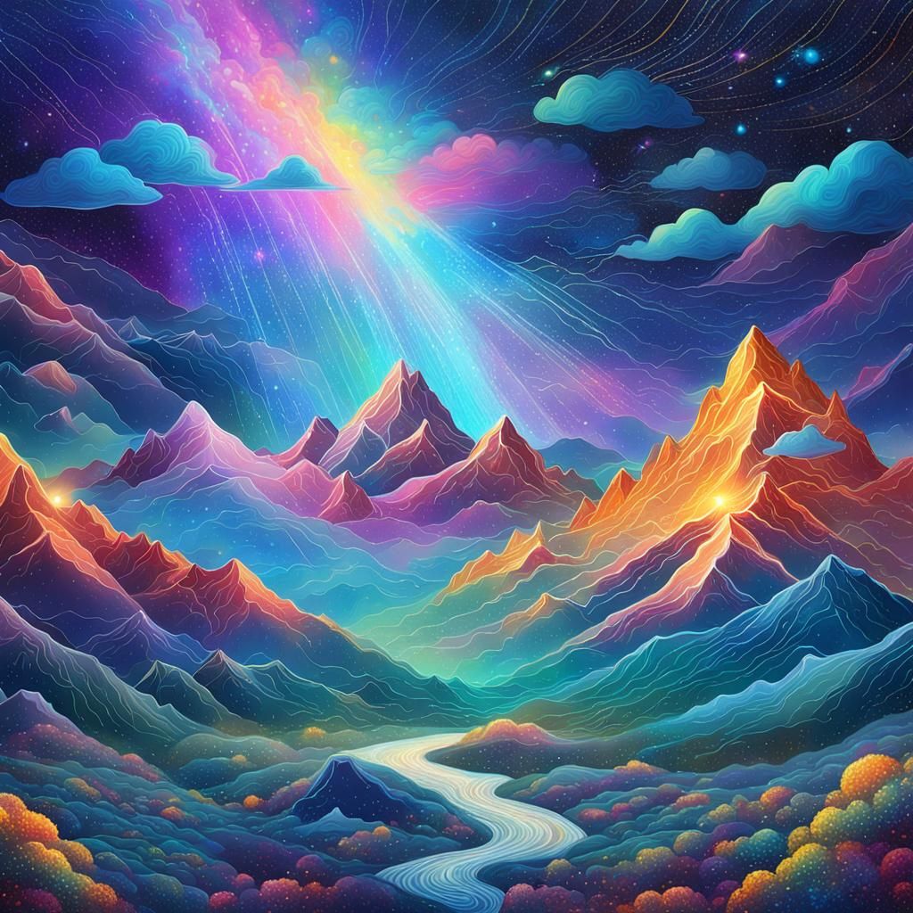 Cosmic Rainstorm Over Mountains, Mixed Media Illustration