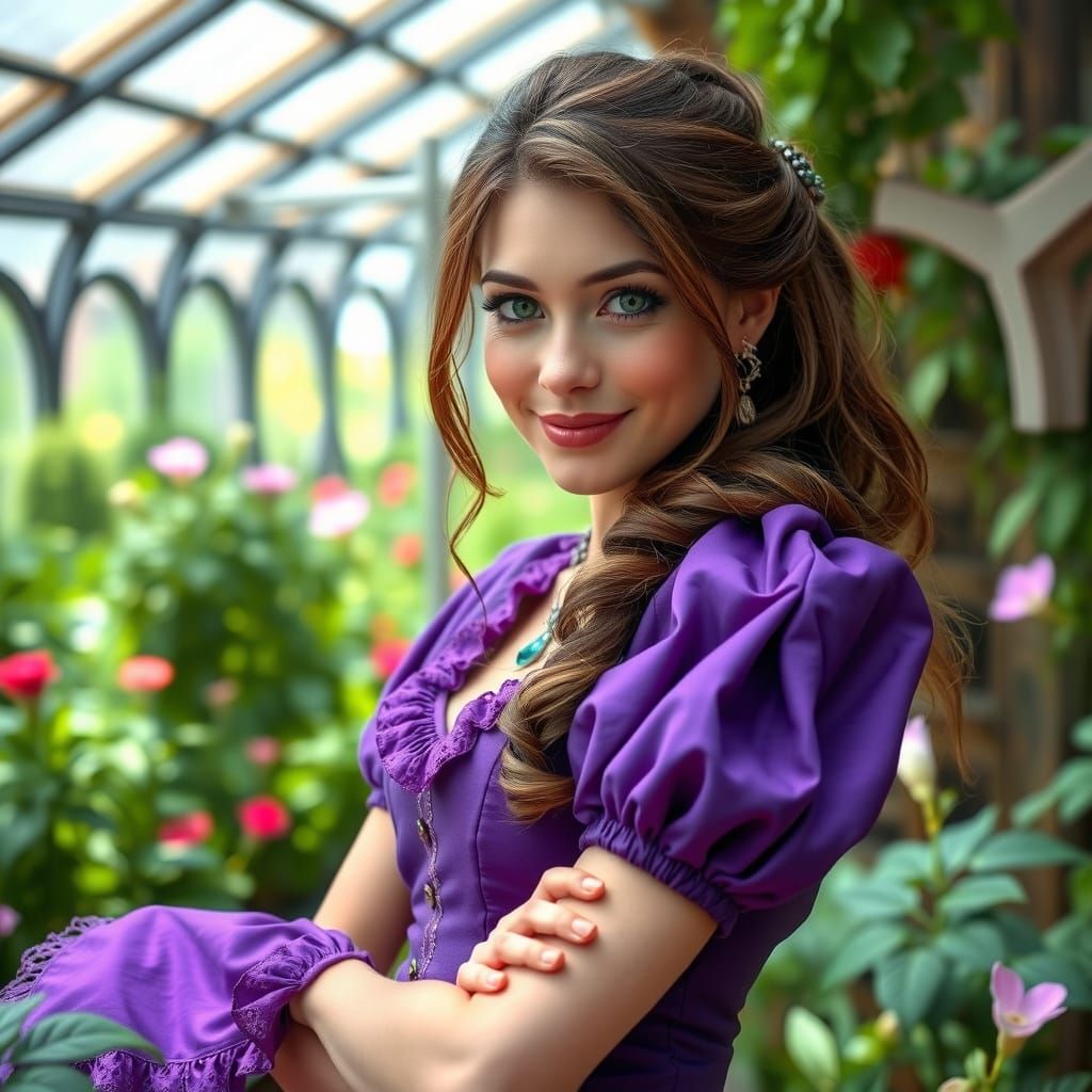 Young Woman in Purple Dress in Greenhouse