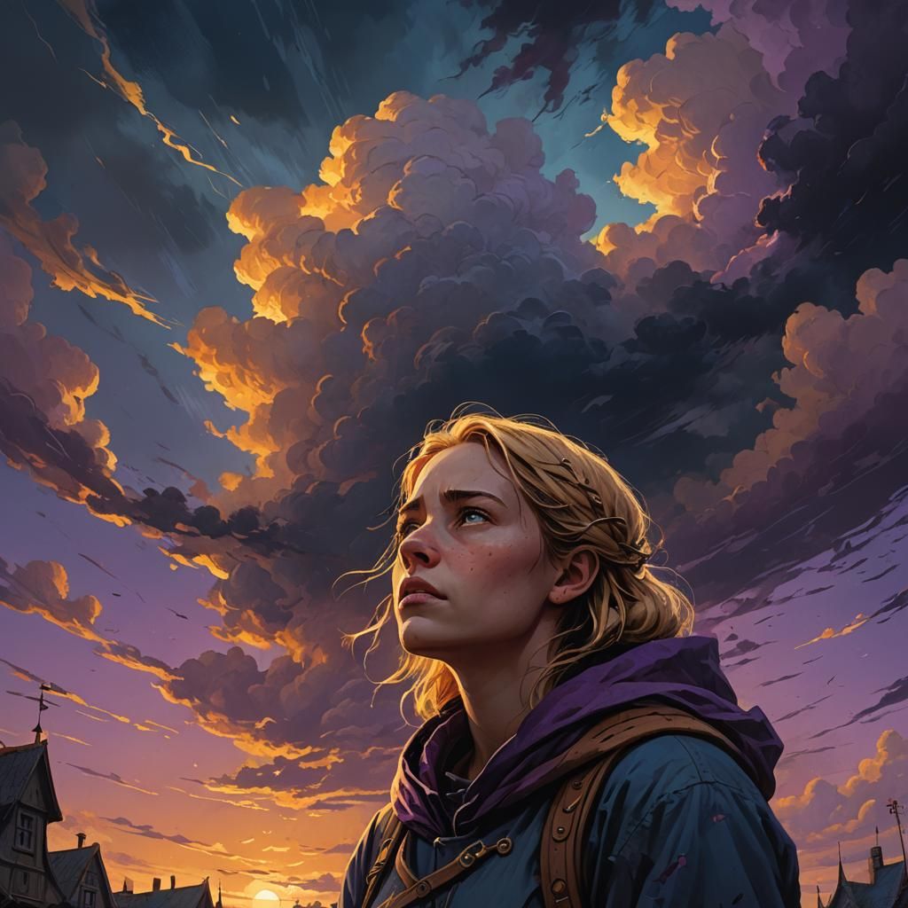 Worried Teenager Looks to Ominous Sky, Fantasy Illustration