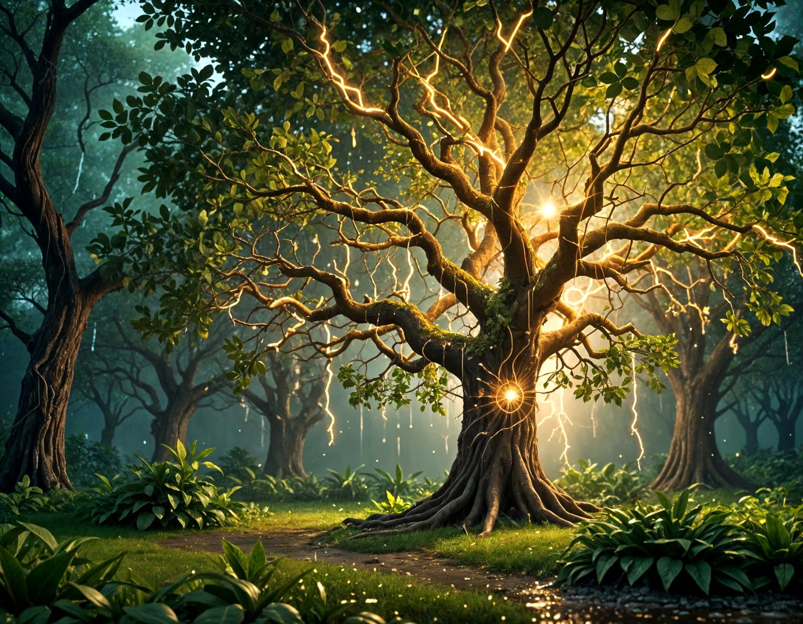 Magical Tree Radiates Enchanted Light Rays in a Cyberpunk Ae...