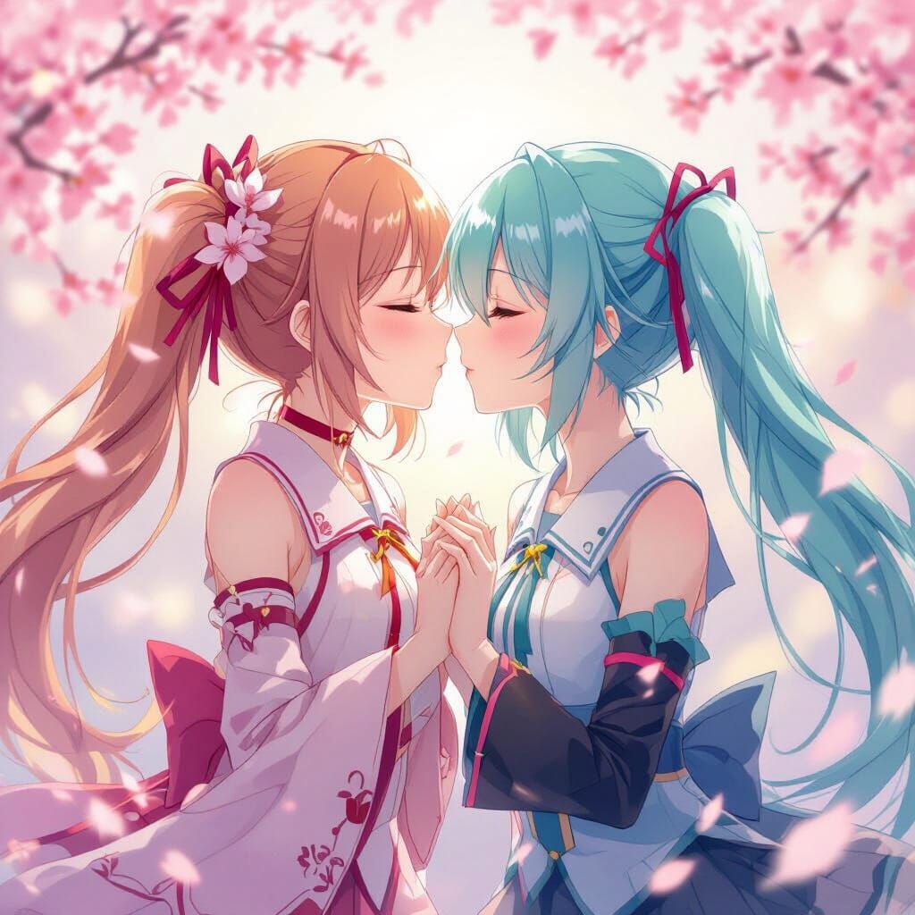 Anime Couple Kissing Amidst Cherry Blossoms