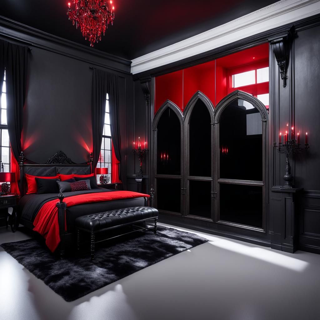 Gothic Dark fantasy loft Apartment with black and red walls& ethereal gothic windows& lots of lights& fully functional l...