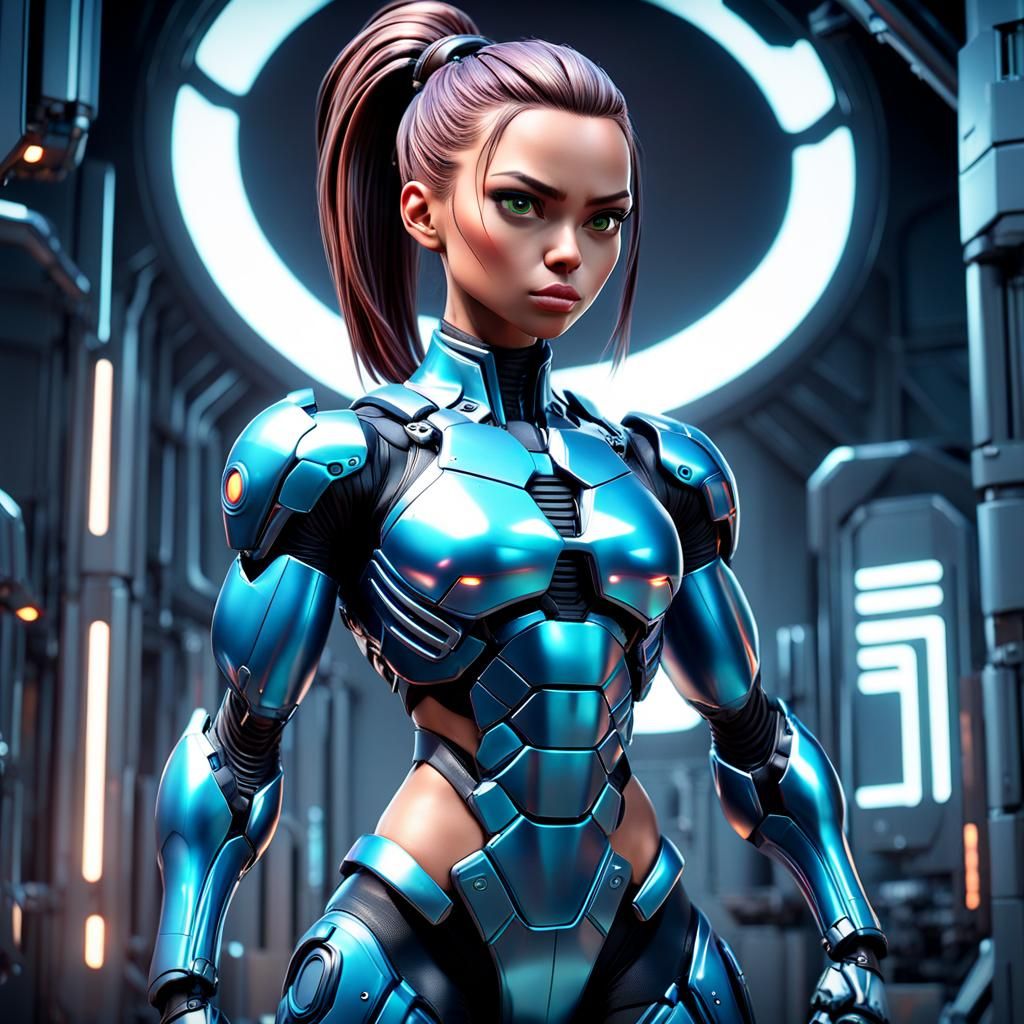 Muscular Cybernetic Anime Soldier in Futuristic Lab