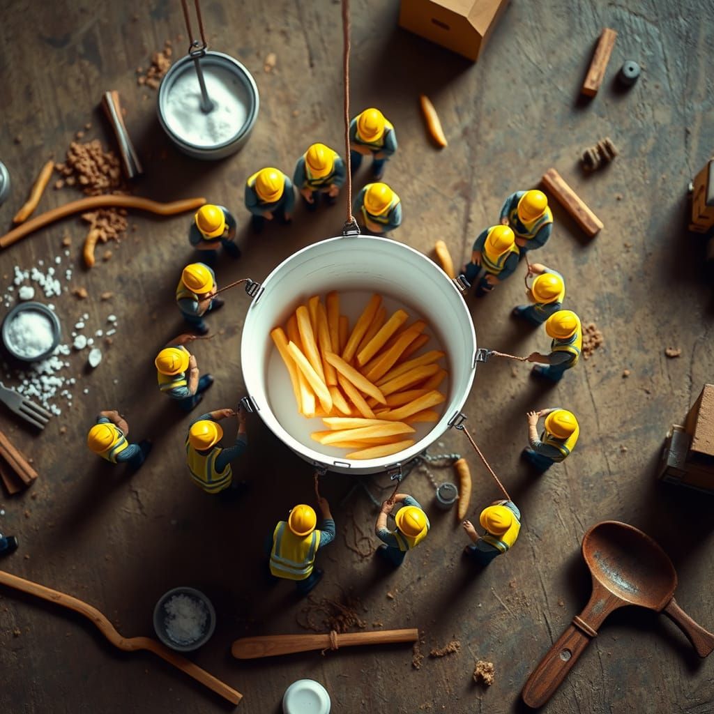 Miniature Food Scene with Delicate Construction Workers