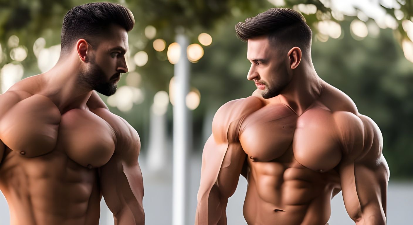 Bodybuilders Flirting and Flexing Biceps in Photo