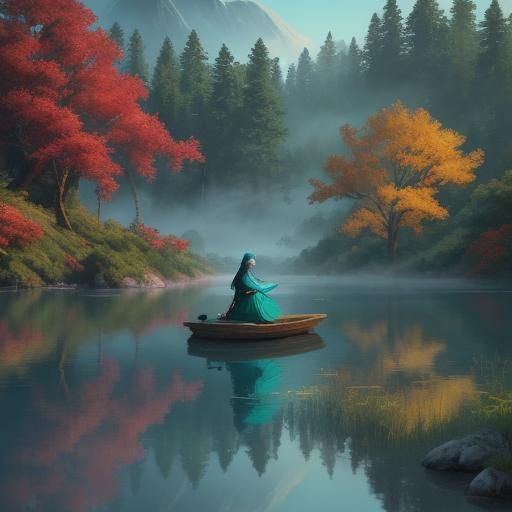 Serene Mother and Daughter Embrace by Misty Lake