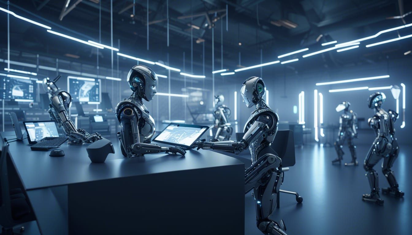 Futuristic AI People and Robots in Sci-Fi Office