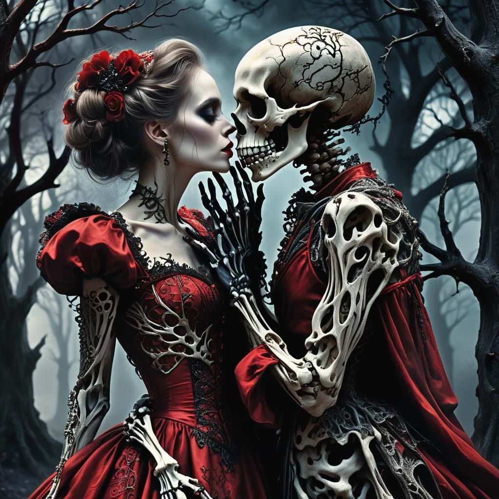 Gothic Fantasy Portrait: Woman Kissing Skeleton