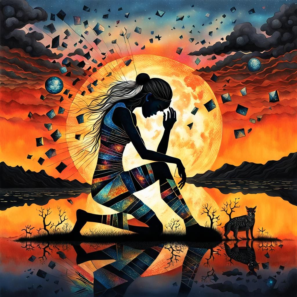 Surreal Drawing of Figure by Sunset with Glowing Creatures
