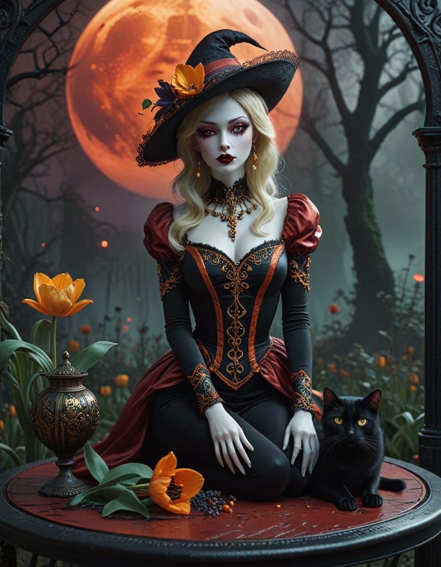 Doll-like Character Under Blood Moon in Whimsical Fashion