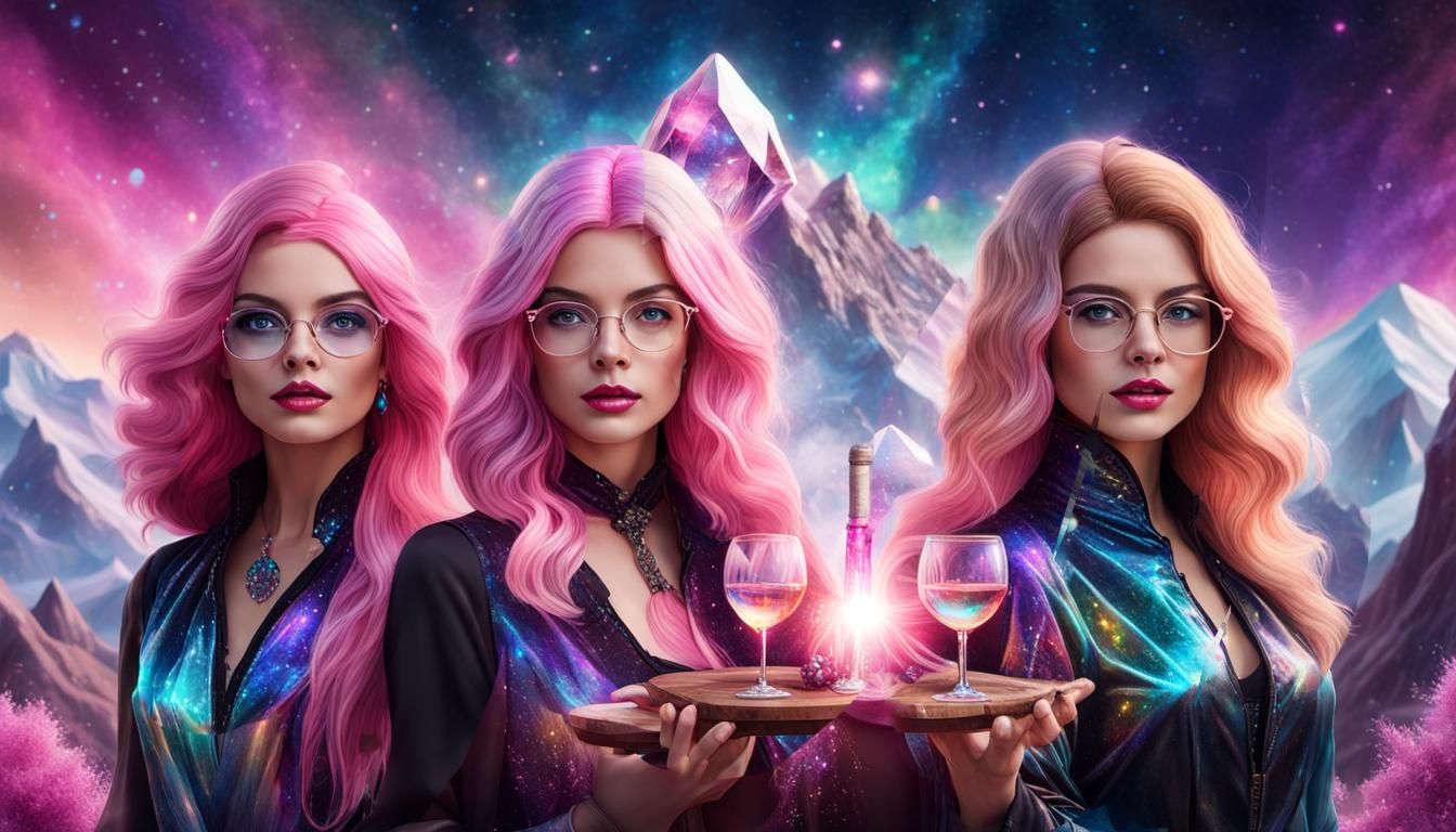 Witches' Crystal Show Trip in Cosmic Illustration