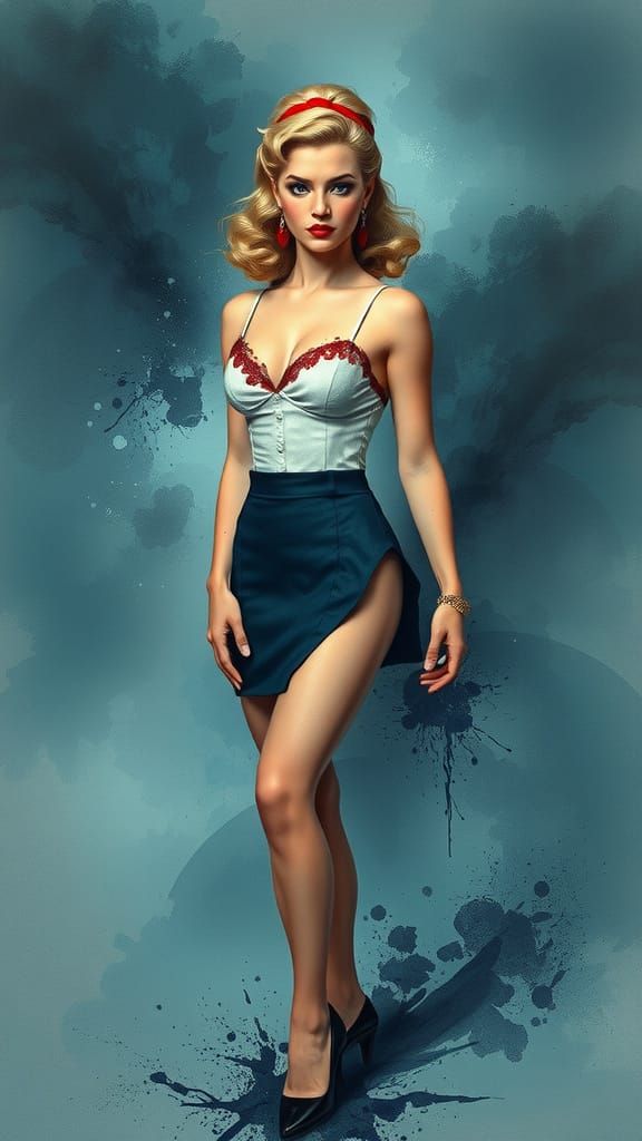 1950s Pin-Up in Whiskey-Splatter Watercolor Style