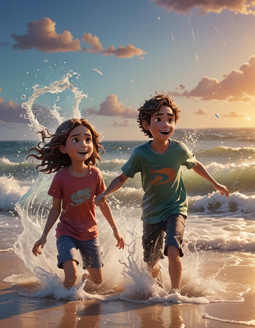 Joyful Children Playing on Beach in Animated Style