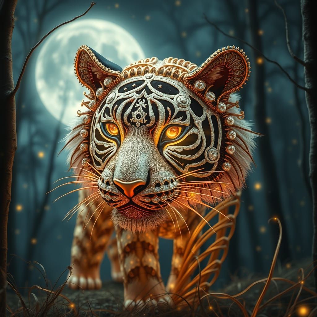 Cosmic Tiger Radiating Light in Enchanted Forest