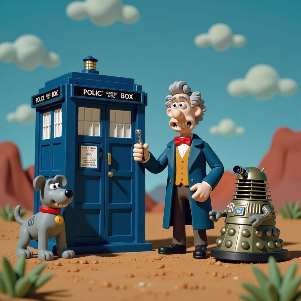 Claymation Third Doctor on Alien Planet with K9 and Dalek