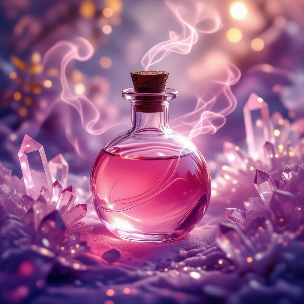 Ethereal Pink Potion with Crystals and Smoke