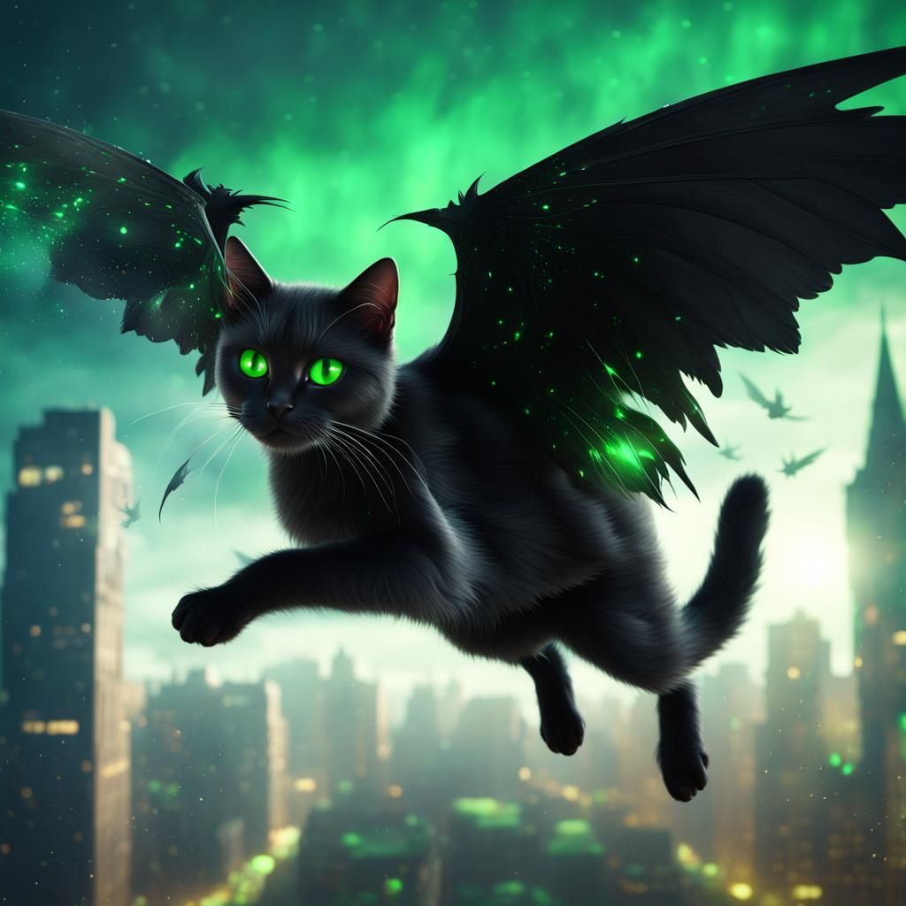 Winged Black Cat Soaring in the Night Sky