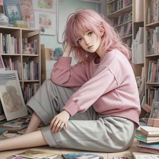 Manga Style Younger Sister in a Messy Room