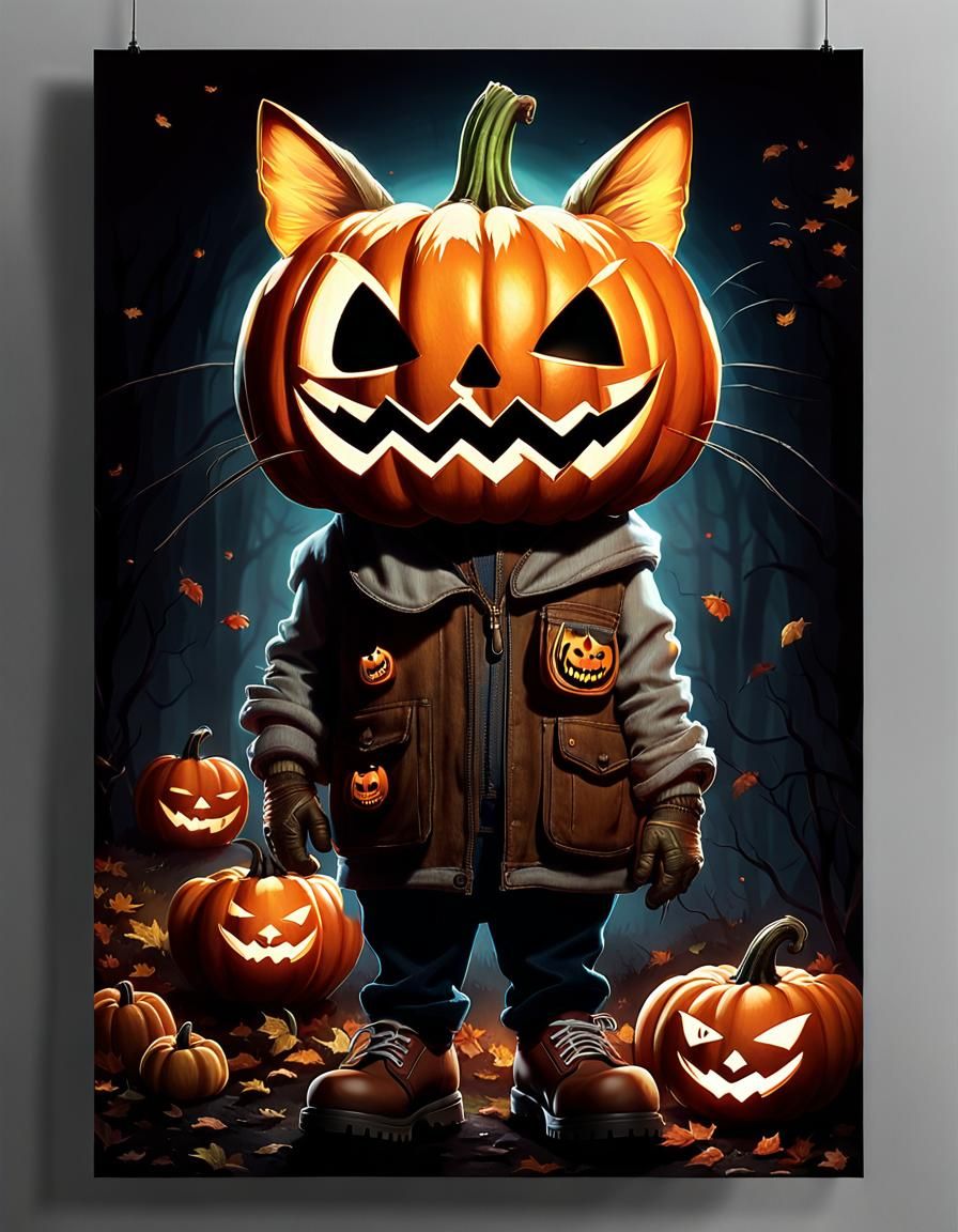 Pumpkin Cat Movie Poster in Hyperrealistic Digital Art