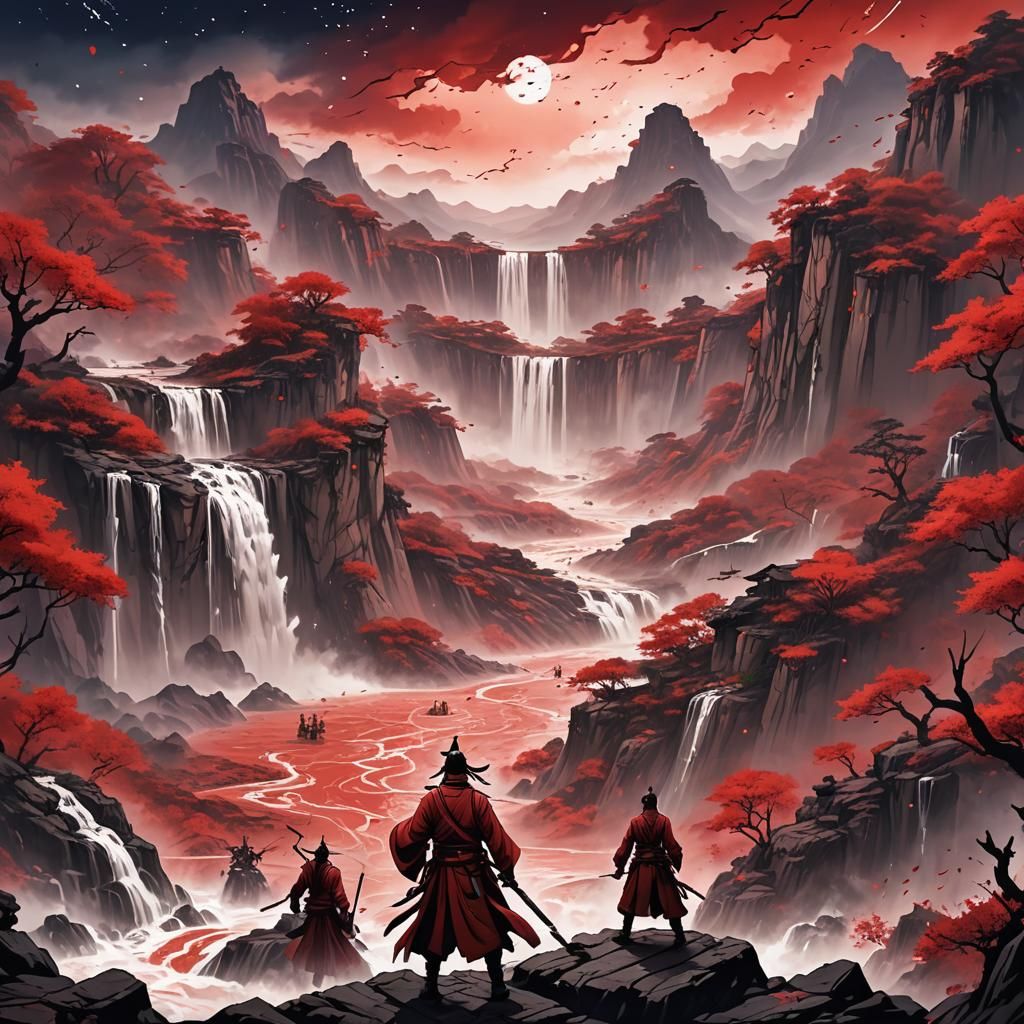 Battle Landscape with River of Blood in Anime Style
