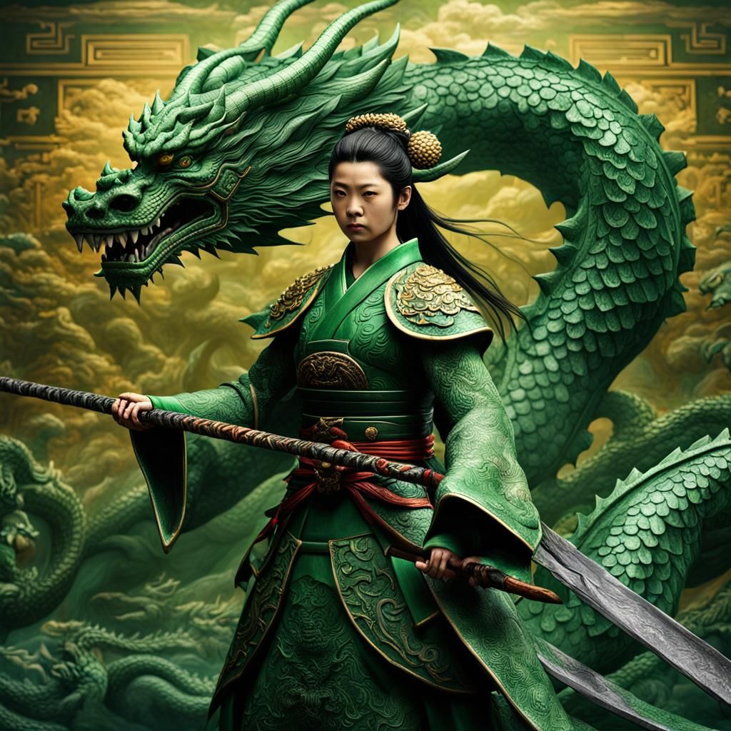 Female Shogun Warrior and Dragon, Hyperrealistic Image
