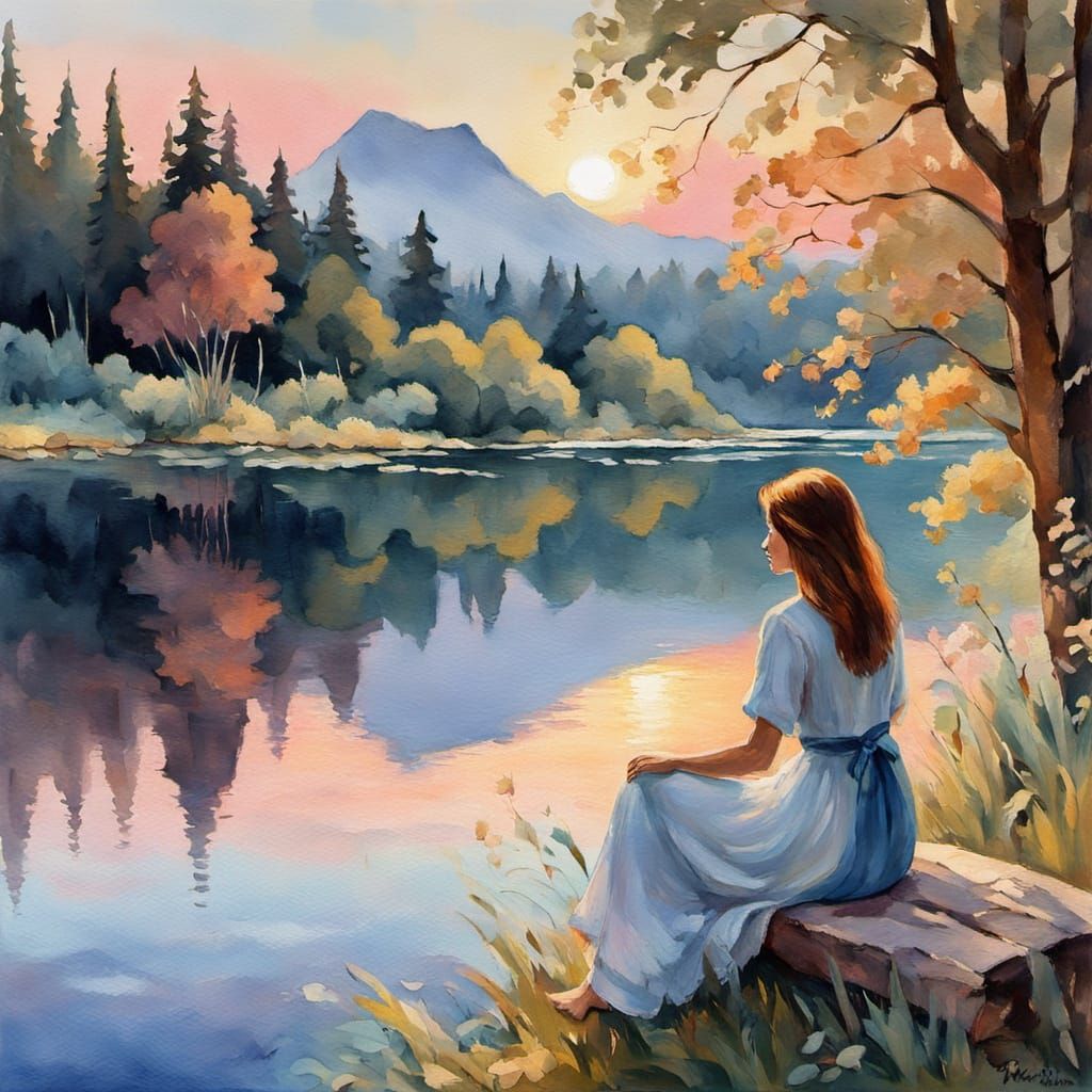 Serene Woman by Tranquil Lake at Dawn, Oil Painting