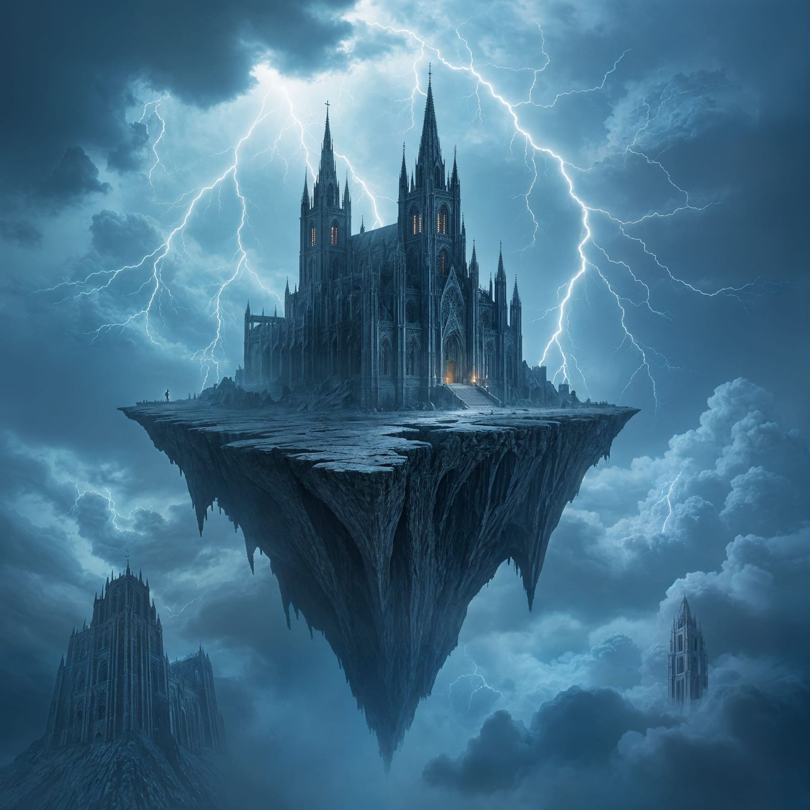 Gothic Cathedral on Floating Island in Stormy Sky