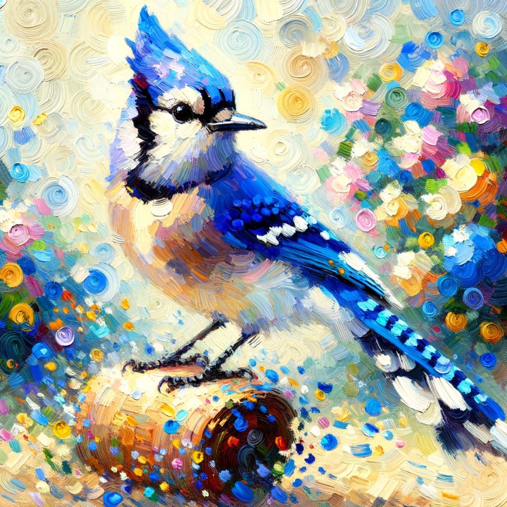 Vibrant Blue Jay in Impressionist Brushstrokes