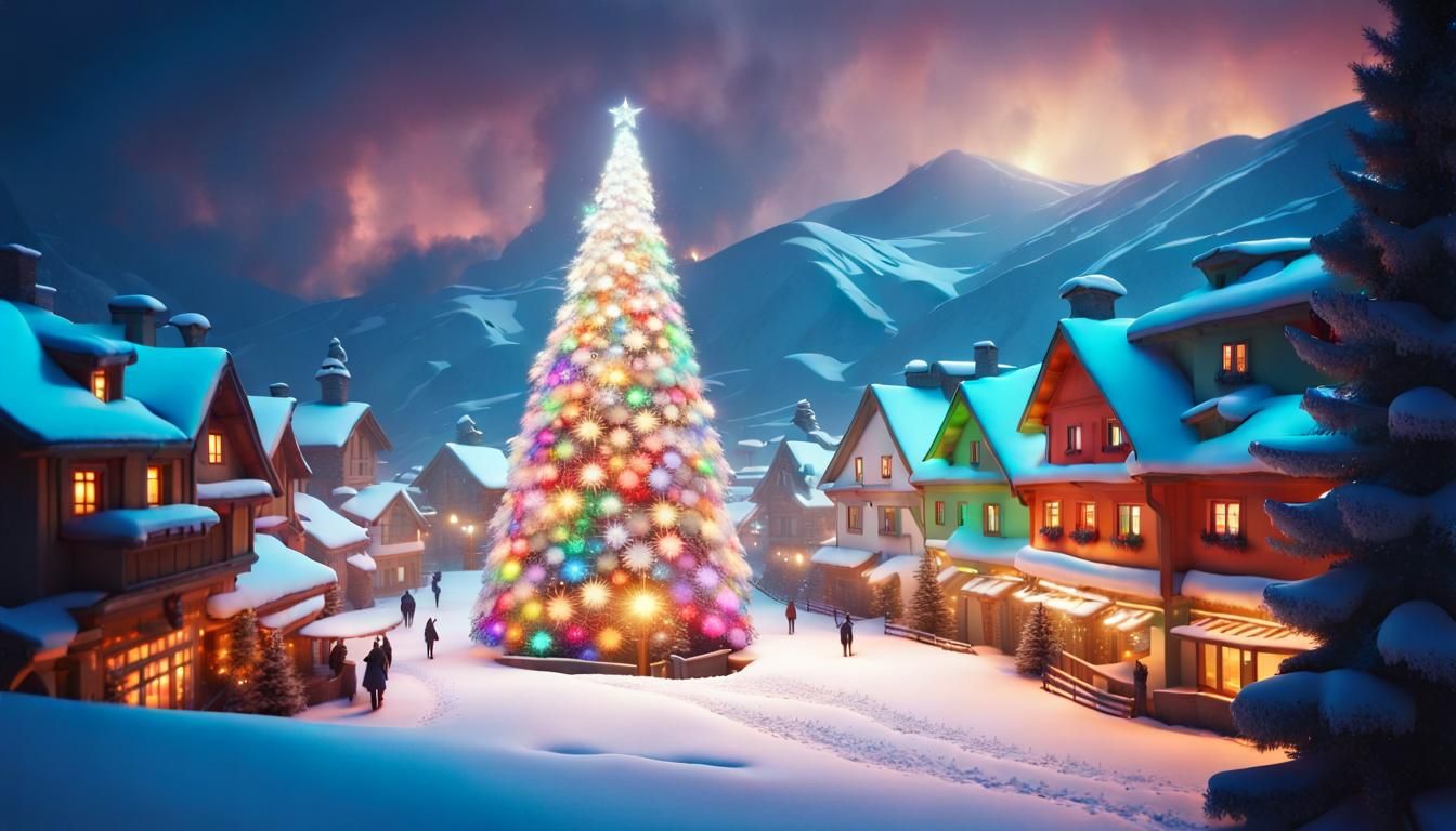 Snow-Laden Christmas Tree in Surreal Alpine Village