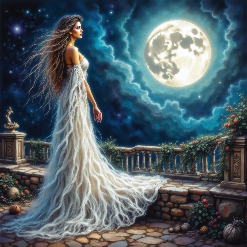 Ethereal Queen Overlooking Nebula in Art Nouveau Style