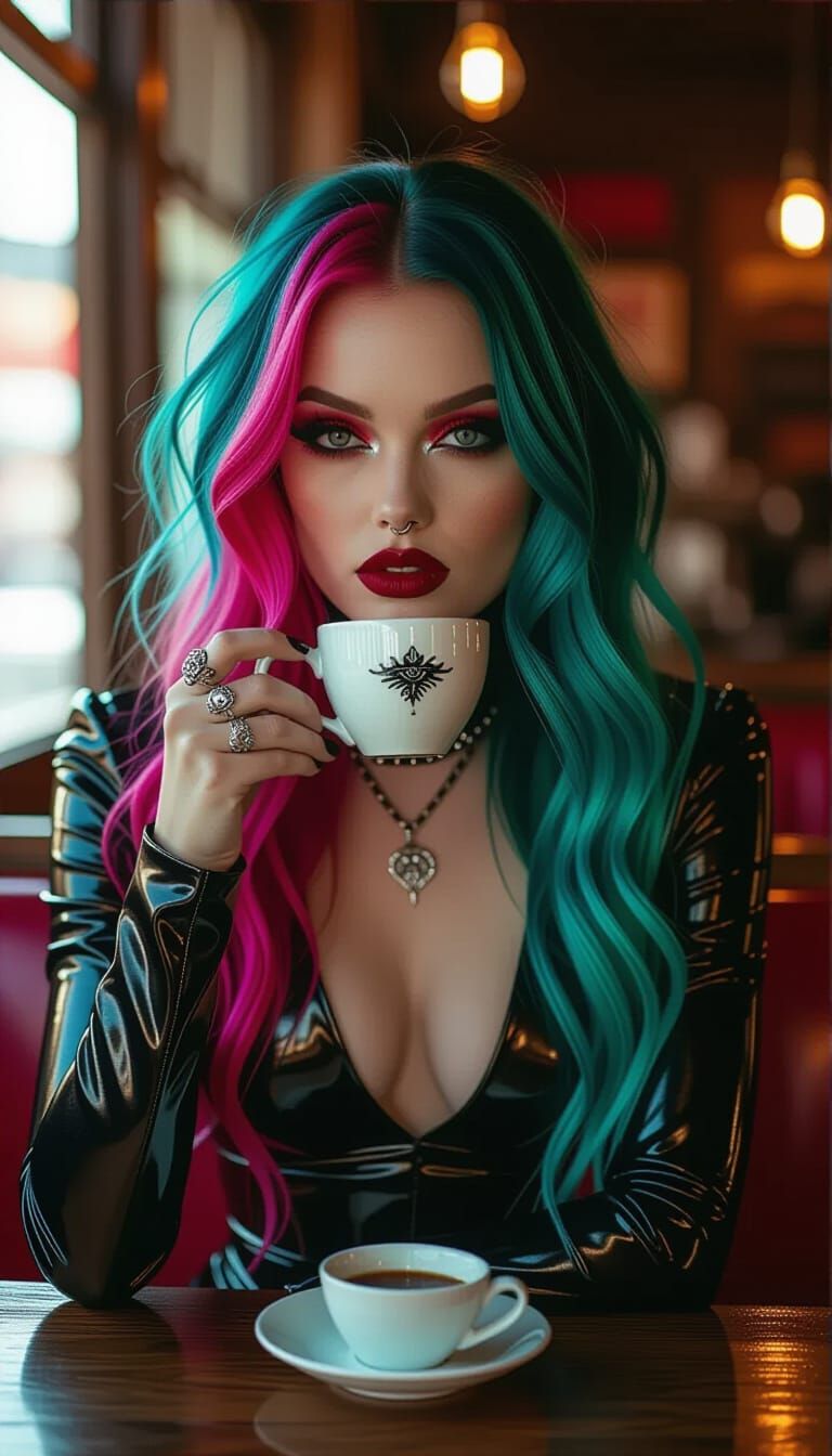 Punk Goth Woman Sips Coffee in Vintage Cafe