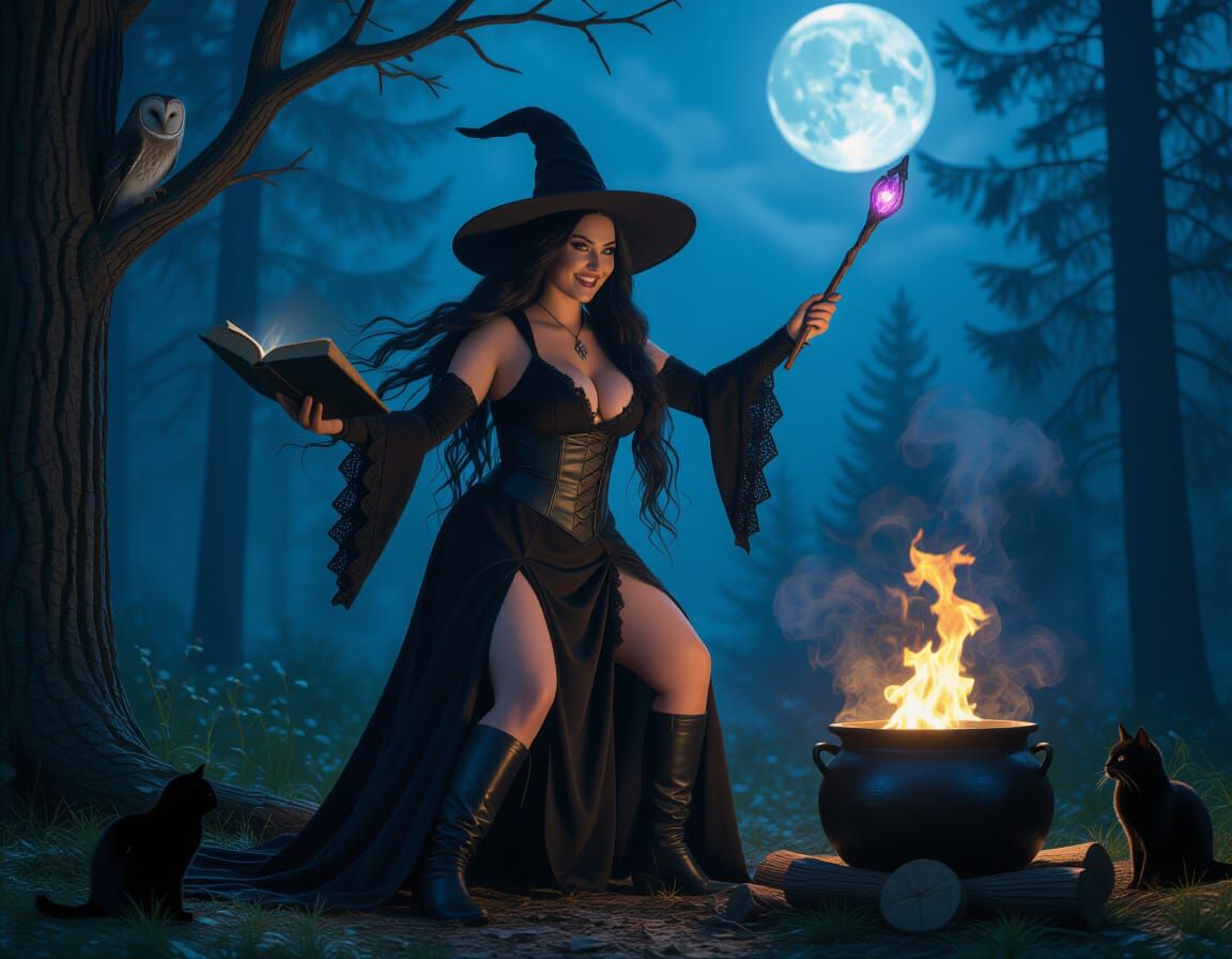 Enchanting Witch Casting Spell Under Full Moon