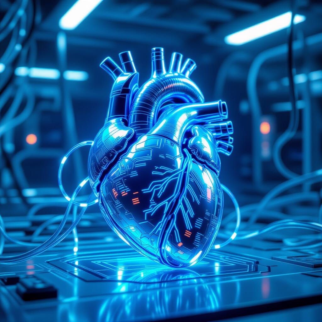Bio-Mechanical Heart of Pulsing Circuitry in Futuristic Lab