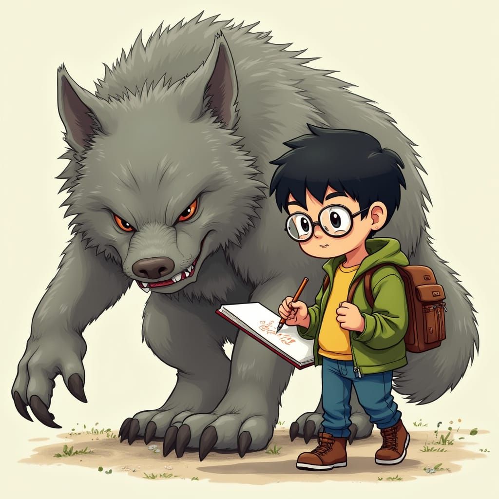 Chubby Boy Sketches a Giant Werewolf in Comic Book Style