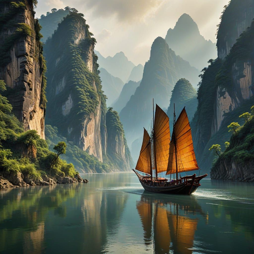 Traditional Chinese Junk Boat Sails the Yangtze River in Oil...